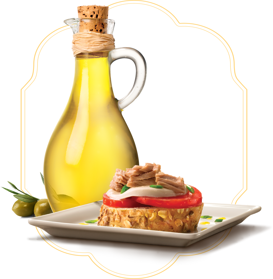 Jar of extra virgin olive oil with a tuna dish