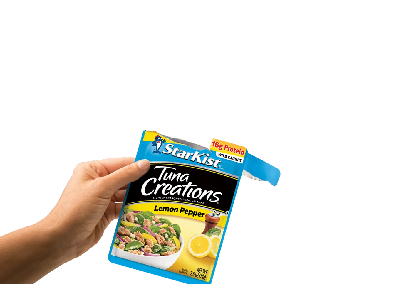 Hand holding a pouch of Starkist Tuna Creations